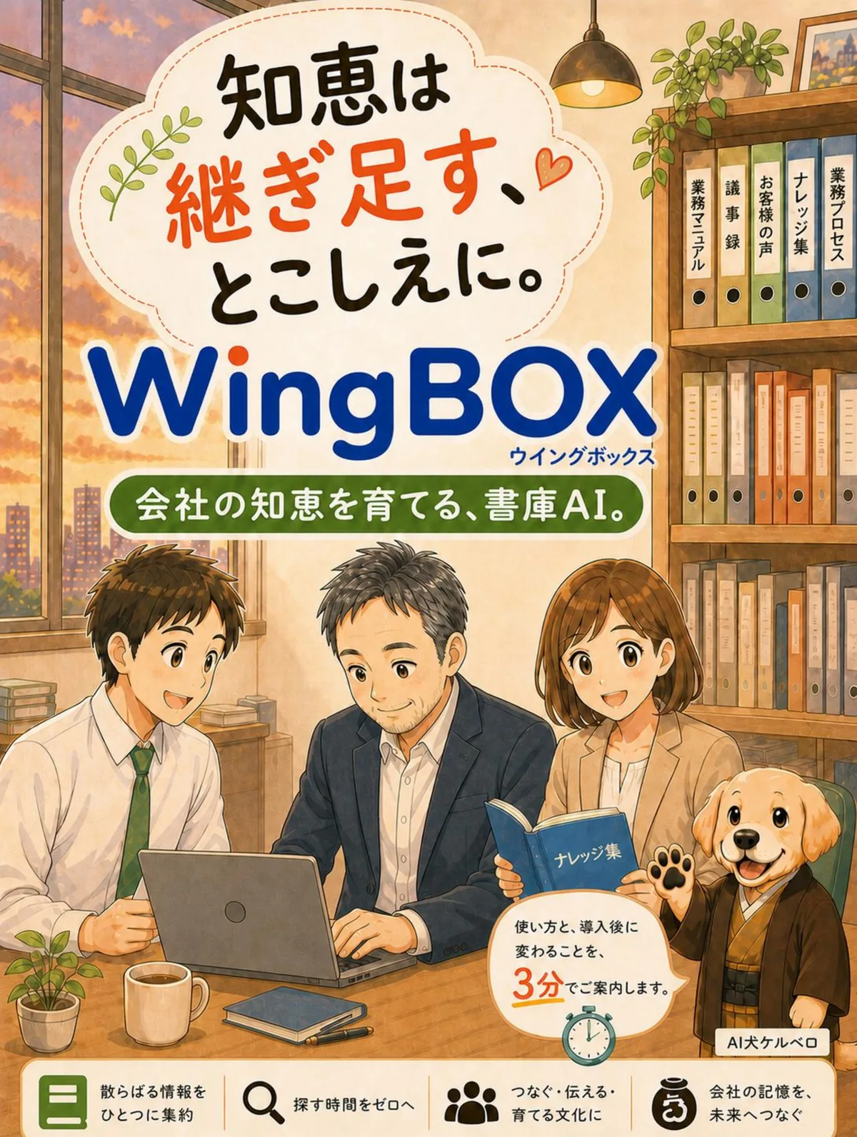 表紙：知恵は継ぎ足す、とこしえに。会社の知恵を育てる書庫AI「WingBOX」